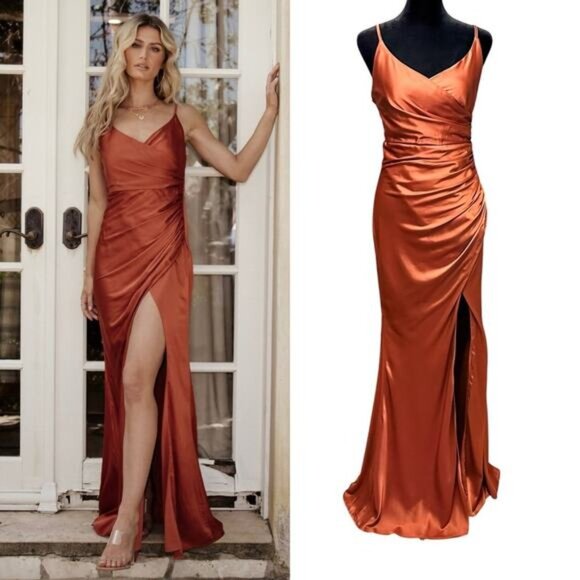 Baltic Born Monet Long Satin Dress Rust Wedding Guest Bridesmaid Maxi Holiday Sm - Picture 1 of 11